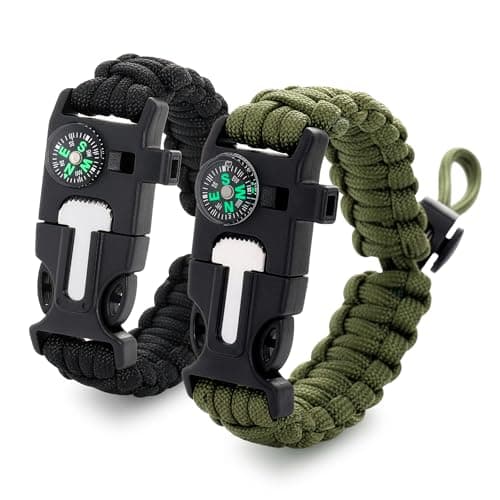 Paracord Bracelets for Men and Women – Adjustable Survival Paracord Bracelet with 11.8 ft Nylon Cord, Flint Fire Starter, Compass, Whistle & Scraper – Camping, Hiking, Fishing Gear (Black & Khaki) - Image 1