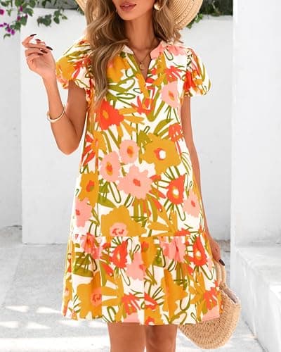 dowerme Womens Summer Dresses 2026 Puffy Sleeve V Neck Loose Floral Print A Line Boho Mini Babydoll Dress with Pockets(White Yellow Flower,Large) - Thumbnail 6