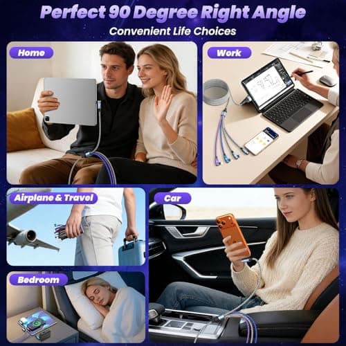 USB Multi Charging Cable 90 Degree BraidedCharging Cord 5FT 2Pack, 4 in 1 Car Charging Cable, Charging Cables for Multiple Devices Phone Charger Cord with Dual Type-C, Micro USB, IP Port for iPhone17 - Thumbnail 3