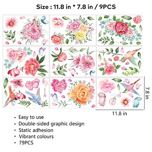 79 PCS Spring Window Clings,Spring Flower Window Clings for Glass Windows,Double-Sided Birds Floral Butterfly Window Stickers for Spring Decor (9 Sheets) - Thumbnail 5