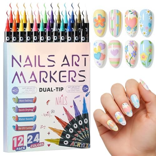 24 Colors Nail Art Markers Pens Set (12Pcs-Dual), Acrylic Nail Art Marker, 3D Dotting Liner Brush Quick-Drying Fine Tip Nail Polish Pen for DIY Home Salon, Beginners Manicure Drawing Tools - Image 1