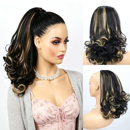 MKJVEN 16 Inch Yaki Ponytail Extesions for Black Women Black&Blonde Synthetic Yaki Straight Ponytail with Curls End (2H27)
