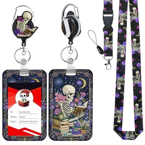 JroyJoy ID Badge Holder with Lanyard & Heavy-Duty Retractable Reel – Funny Unique Skeleton Skull Reading Design, Fits School ID Badge, Name Card, Work ID for Nurses, Teachers, Students, Office Workers
