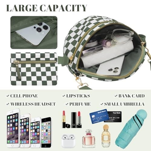 WOOMADA Checkered Crossbody Bag Bum Bag for Women, Fanny Pack Checkered Purse, Belt Bag with Shoulder Strap(Army Green Checkerboard) - Thumbnail 3