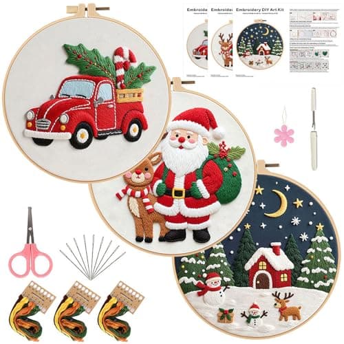 FEIYUENO 3 Pack Christmas Embroidery Starter Kit for Beginner Adults