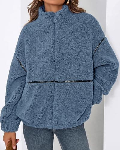 KIRUNDO Sherpa Jacket Women Fleece Oversized Zip Up Winter Coats Fall Jackets Faux Fur Warm Outwear 2026 Fashion Clothing(Dusty Blue, Large) - Thumbnail 6