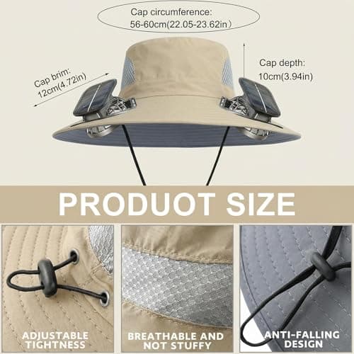 Outdoor Wide Brim Sun Hat with 2 Solar Powered Fan, Bucket Hat for Men Women, Fishing, Gardening & Beach Hat for Men, USB Charging, UPF 50+ Khaki - Thumbnail 2