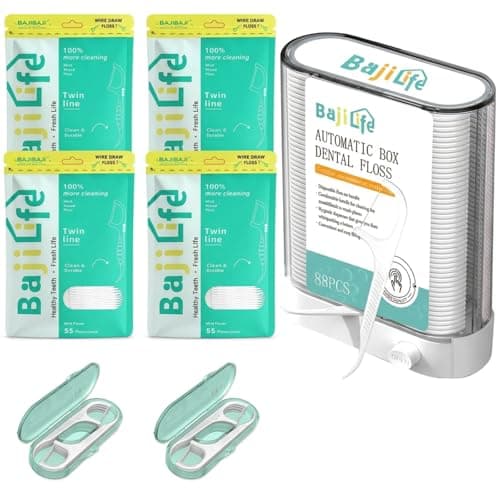 Dental Floss Pick Dispenser, 88 Count Flosser Dispenser and 4-Pack Dental Floss Picks(220 Count) with 4 Boxes [10 Counts] Portable Tooth Floss Picks Holder Total 348 Counts Flossers for Adults