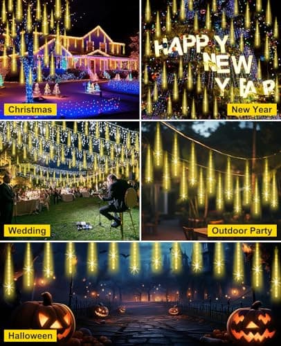 Christmas Lights Outdoor,16 Inch 20 Tubes Meteor Shower Light Falling Rain Drop String Lighting Icicle Snow Cascading Xmas String Decor for Tree Wedding Party Garden Holiday Decoration,Warm White - Thumbnail 2