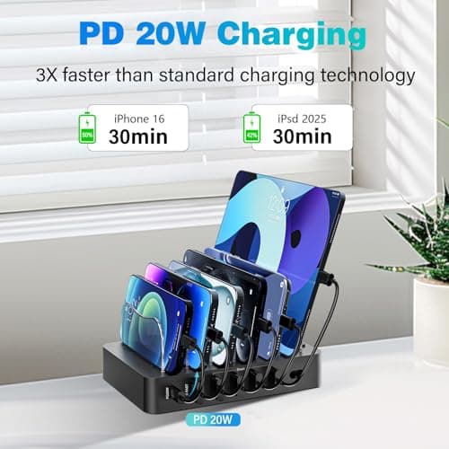 Charging Station for Multiple Devices 68W 6 Port Phone Charger Dock with 6 Cables, 20W Black Fast Charging Station Compatible with Apple Cellphone iPad iPhone Tablet(Black) - Thumbnail 2