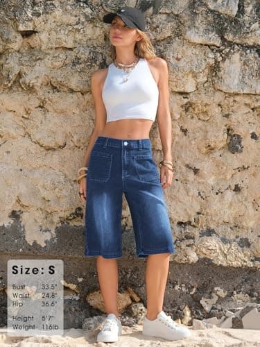 EXLURA Women Baggy Jeans Jorts Wide Leg Y2K Denim Bermuda Shorts 2026 Summer Trendy Knee Length Hot Short Streetwear Outfits - Thumbnail 5