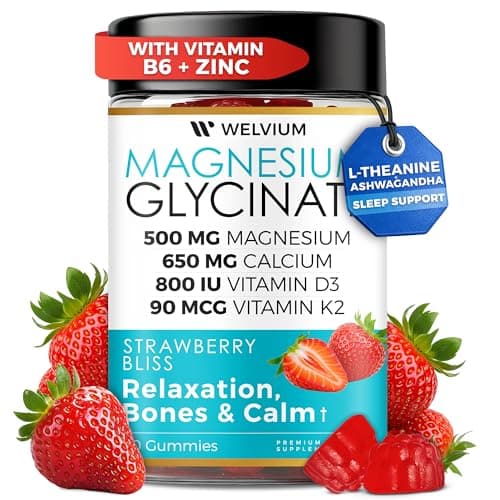 WELVIUM Magnesium Glycinate Gummies with Ashwagandha, L-Theanine - 500mg Magnesium Glycinate, D3, K2, B6, Calcium, Zinc, Potassium Supplement for Muscle, Immune and Bone Support, Chewable Magnesium - Image 1