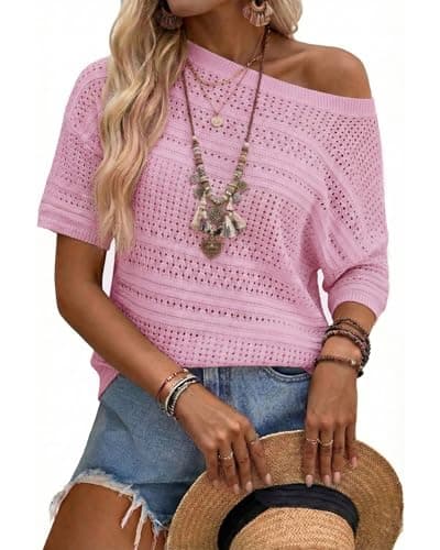Arach&Cloz Womens 2026 Spring Summer Linen Blend Crochet Tops Beach Casual Short Sleeve Sweater Pullover Shirts Boho Resort Wear Vacation Cruise Outfits Lightweight Trendy Fashion Pink S - Image 1