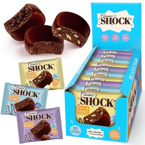 Fitness SHOCK Protein Brownie Variety Pack - No Added Sugar, 7.5g Protein, Low Carb Guilt-Free Dessert - Chocolate, Coconut, Banana - 0g Added Sugar, 10g Net Carbs, 5g Fiber - 10 x 50g