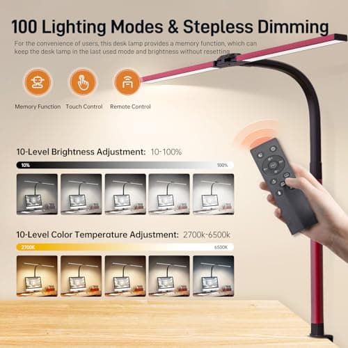 LED Desk Lamp for Home Office, Eye-Caring Desk Light with Clamp, 24W Double Head Architect Task Lamp Stepless Dimming, Flexible Gooseneck Bright Table Lamp for Study Reading Workbench Drafting Red - Thumbnail 2