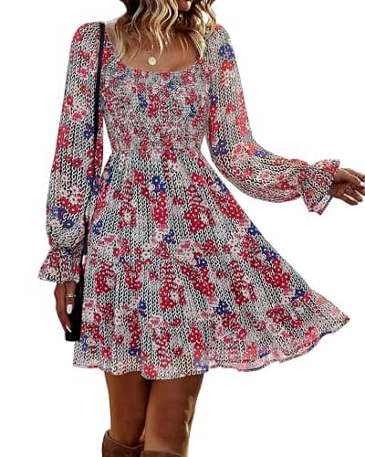 BTFBM Womens Long Sleeve Dress Summer Vacation Square Neck Smocked Floral Mini Boho Fall Wedding Guest Dresses 2026(Print Flower Red, Large) - Image 1