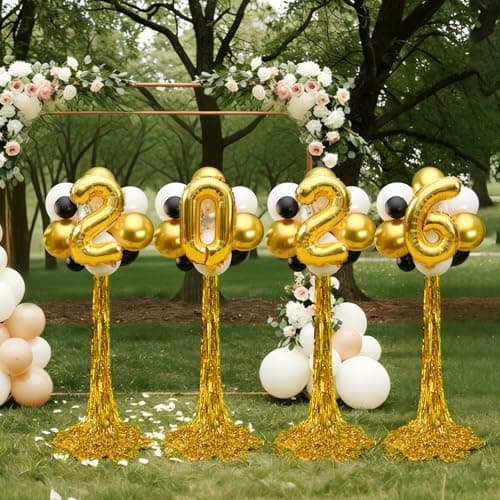 2026 Graduation Decorations - Set Of 4 Standing Balloon Topiaries, Balloon Stand Kit Party Centerpieces Decor With Golden Rain Curtains Class Of 2026 Decorations For Kindergarten High School College - Thumbnail 6