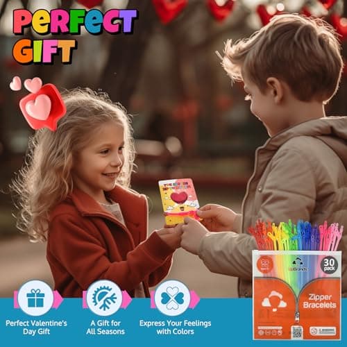 UpBrands 30 Valentine's Day Cards for Kids School & Fidget Zipper Bracelets Party Favors Toys, Bulk Valentine's Day Gifts for Kids, Classroom Exchange Gifts - Thumbnail 5