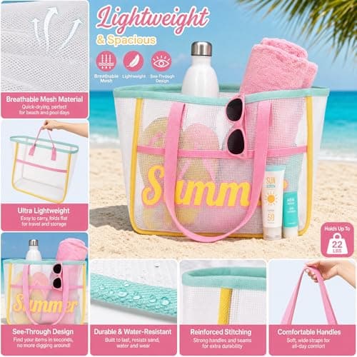 personalized customization Monogram Mesh Beach Tote Bag Large Sand Resistant Reusable Summer Pool Shopping Handbag, Custom Gift for Mom Bridesmaid Birthday - Thumbnail 4