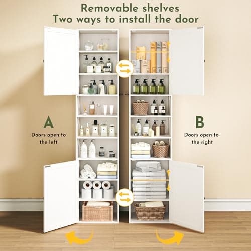 70.8" Tall Bathroom Storage Cabinet with 2 Barn Doors, Narrow Storage Cabinet with Adjustable Shelves & Open Compartments, Slim Floor Cabinet for Bathroom, Kitchen, Entryway, Living Room, White - Thumbnail 3