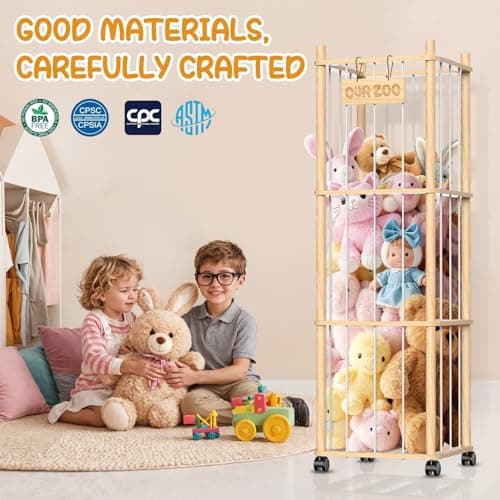 Stuffed Animal Storage Organizer, Wooden Plushies Toy Zoo Holder with Wheels, Large Capacity Storage Tower for Toys, Mobile Toy Holder Cage for Kids Playroom, Nursery, Toddler Room, 3 Tier, Natural - Thumbnail 4