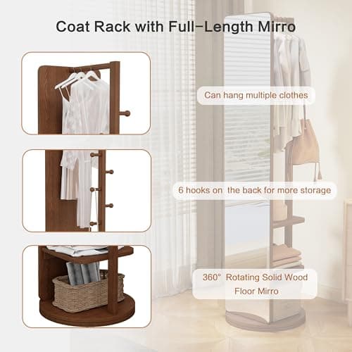 BOWEI Solid Wooden Coat Rack, Free Standing Coat Stand with Full Length mirror, Hall Coat Tree with Hooks and Storage Shelf for Coats, Hats, Bags, for Entryway, Hallway, Bedroom (Walnut) - Thumbnail 4