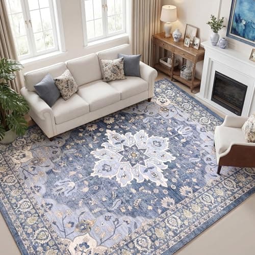 YBYX 10x14 Area Rugs for Living Room, Machine Washable Boho Vintage Rug, Waterproof Surface & Non-Slip Backing, Foldable Soft Low Pile Floral Medallion Carpet for Bedroom Dining Room - Thumbnail 6