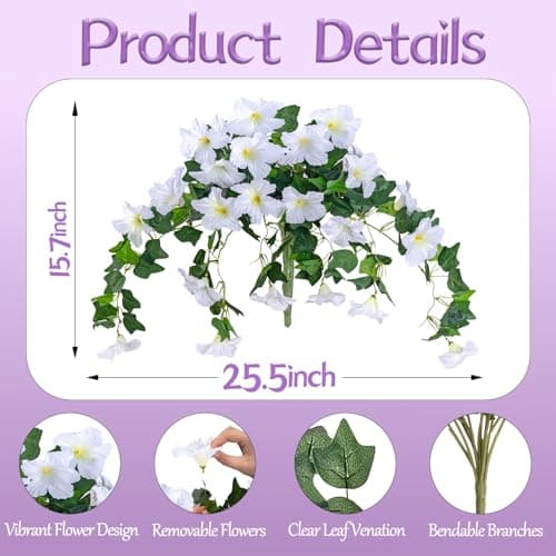 BSMYBO 2Pcs Artificial Hanging Flowers for Outdoors, Fake Outdoor Flowers Faux Petunias Silk Flowers for Outdoor planters UV Resistant for Home Garden Balcony Yard Porch Patio Decor (White) - Thumbnail 4