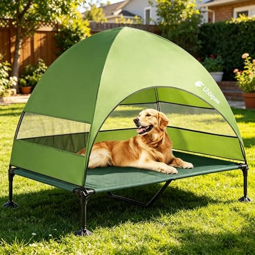 Libbipaw Windproof Elevated Dog Bed with Canopy & Stakes, 3-Sided 90% UV Block, Chew-Proof Teslin Mesh Mat for Large Dogs up to 150lbs(Green X-Large)