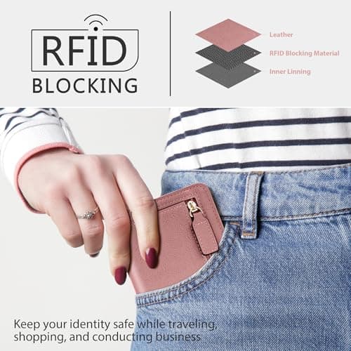 Gostwo Small Wallets Woman, Credit Card Holder Wallet, Slim Rfid Wallet Women, Compact Bifold Luxury Genuine Leather Pocket Passport Wallet Ladies Girls Mini Purse Travel with ID Window, Wax Pink - Thumbnail 2