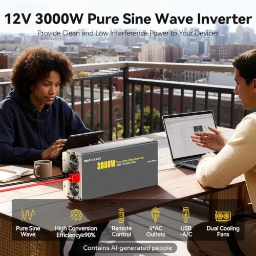 Power Queen 3000W Pure Sine Wave Inverter Charger,Solar Power Inverter 12V DC to 110V-120V AC C onverter with Remote Control,6000W Peak Power，4 AC Outlets USB Type-C for Home RV Off-Grid Solar Power - Thumbnail 3