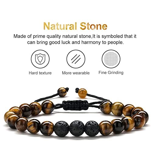 M MOOHAM Bracelets for Men - Beaded Natural Tiger Eye Bracelets for Men Black Lava Rock Stone Chakra Mens Anxiety Bracelet Adjustable Aromatherapy Oil Diffuser Jewelry Gifts - Thumbnail 5