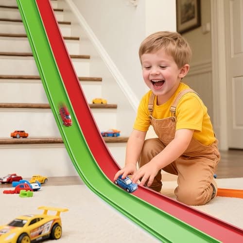 Flex Tracks 15 Ft Starter Set, Flexible Race Track for Kids 3+ with Strong Suction Cups, Flexible Car Track Race Car Ramp Track Compatible with 1/64 Diecast Cars, Portable Rolls Up Race Tracks - Image 1