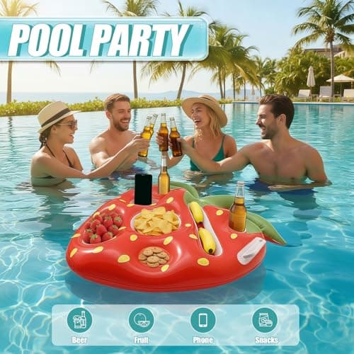 AURASUN Inflatable Strawberry Floating Tray with Drink Holders & Phone Slot for Pool, Beach, Lake, Hot Tub and Boats - Food & Drinks Float with Handles (RED) - Thumbnail 5