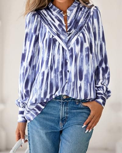 BTFBM Womens Tops Dressy Casual Spring 2026 Boho Floral V Neck Long Sleeve Half Button Down Shirt Work Business Blouses(Striped White Blue, Small) - Thumbnail 6