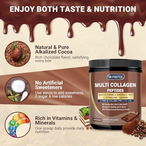 DRFOSTER Chocolate Collagen Peptides Powder for Women & Men, Multi Type I II III V X Collagen with multivitamins & Minerals for Skin, Hair & Nails & Joints, Non-GMO, 35 Servings - Thumbnail 3