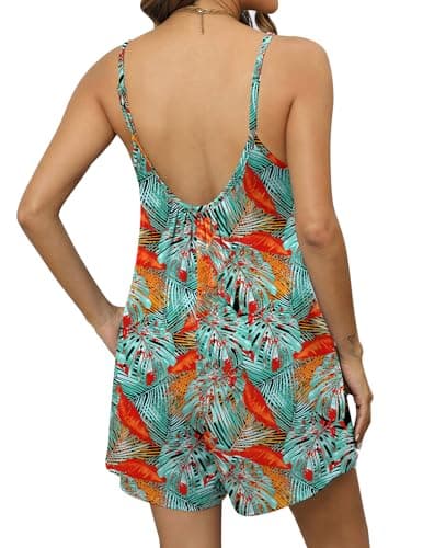 Ekouaer Summer Rompers for Women Boho Beach Vacation Outfits Sleeveless Loose Shorts Overalls 2026 Jumpsuit With Pockets Plant Leaves XL - Thumbnail 4