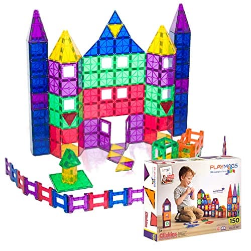 Playmags 150-Piece Magnetic Tiles Building Set – 3D Magnet Building Blocks Creative Imagination, Inspirational, Educational STEM Toys for Kids with 1 Car - Image 1