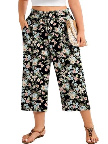 AusLook Plus Size Capri Wide Leg Pants for Women with Pockets High Waisted Elastic Drawstring Summer Casual Flowy Boho Vacation Beach Cropped Black Ditsy Florals 3X Trousers - Image 1