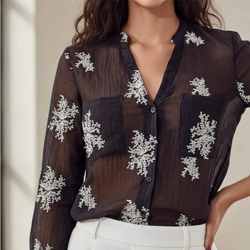 Women's Long Sleeve Sheer Floral Embroidered See Through Button Down Blouse Lightweight Boho V Neck Shirts Medium YG010 Black M - Thumbnail 2