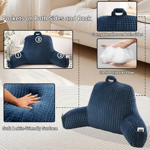 PAJEO Reading Pillow for Bed,Large Backrest Reading Pillow with Arm Rest,Back Rest Support Cushion for Sit Up on Couch,Sofa,and Floor(Navy Flannel, Standard(17inch)) - Thumbnail 5