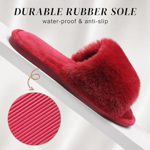 Parlovable Women's Faux Fur Slippers – Fluffy Open-Toe Memory Foam Slides with Anti-Slip Sole, Indoor & Outdoor House Shoes Burgundy 7-8 - Thumbnail 4