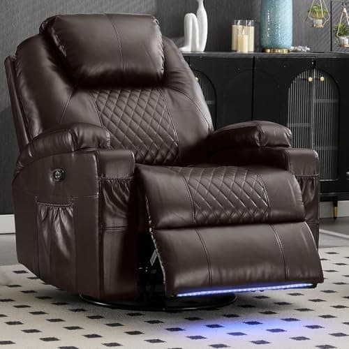 WISHDEER Power Swivel Rocker Recliner Chair for Adults - Rocking Recliner with Heat and Massage/Cup Holder/LED Lights/USB-A & USB-C Ports/Side Pocket for Living Room (PU Brown, 1-Seater) - Image 1