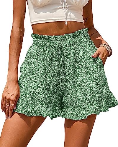 BTFBM Shorts for Women Spring Summer 2026 Beach Vacation Clothes Boho Floral Belted Casual Ruffle Short Pants Pocket Outfits(Floral Green, X-Large) - Image 1