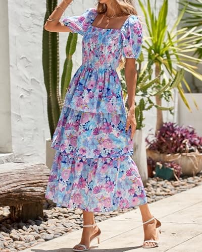 BTFBM Womens Square Neck Smocked Dress Summer Puff Short Sleeve Floral Casual Ruffle Tiered Maxi Wedding Guest Dresses(Floral Navy Multicolor, Small) - Thumbnail 4