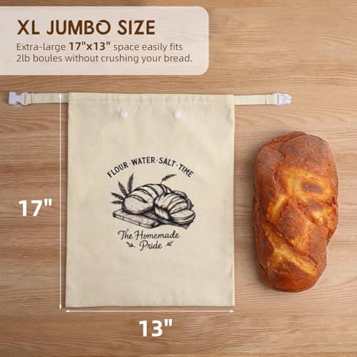 BubFroo 2 Pack Double-Layer Beeswax Sourdough Bread Bags, Reusable Organic Cotton Bread Bag with Detachable Beeswax Liner & Roll-top Buckle, Keeps Homemade Loaves Fresh Longer, XL Capacity - Thumbnail 4