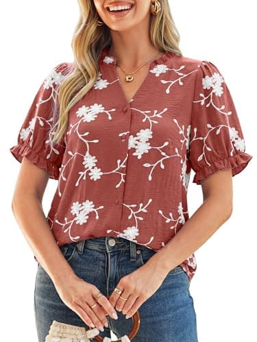 Simplee Womens Button Down Puff Ruffle Short Sleeve Blouse Tops V Neck Summer Embroidered Dressy Casual Shirts Rose Pink M - Image 1