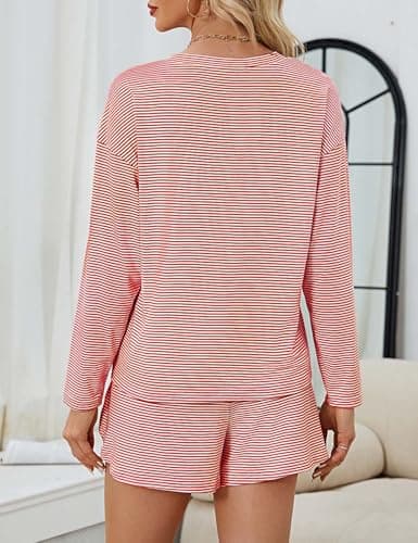 JUSTFASHIONNOW Womens Long Sleeve Pajama Sets Cute Lounge Set 2 Piece Crew Neck Striped Sleepwear Comfy Split Short Pajama Set Soft Fall Outfits Christmas Loungewear Cozy Pj sets (Red, Large) - Thumbnail 5
