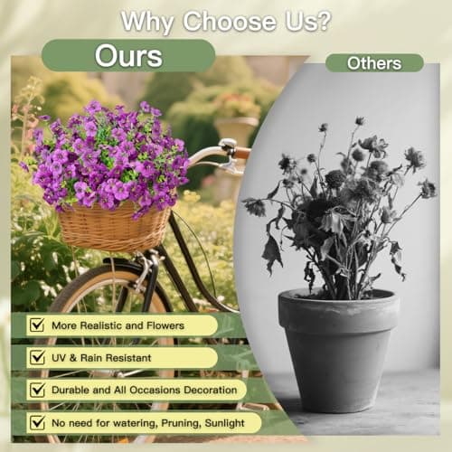 Artificial Flowers for Outdoor Indoor Garden Home Decoration, 12 Bundles Faux Flower Mums with Eucalyptus Leaves Realistic Faux Plants, Spring Decor for Porch Patio Balcony Planter Yard(Purple) - Thumbnail 4