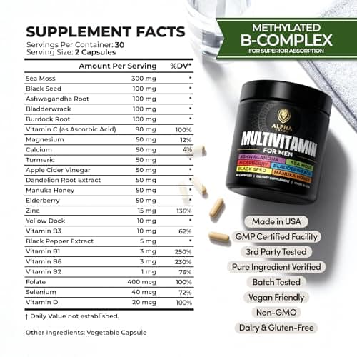 Alpha Tribe Multivitamin for Men with Seamoss Black Seed Oil Ashwagandha Burdock Root, Turmeric Bladderwrack, Vitamin C, Elderberry, Manuka, Yellow Dock | Daily Men's Vitamins and Minerals Supplement - Thumbnail 2